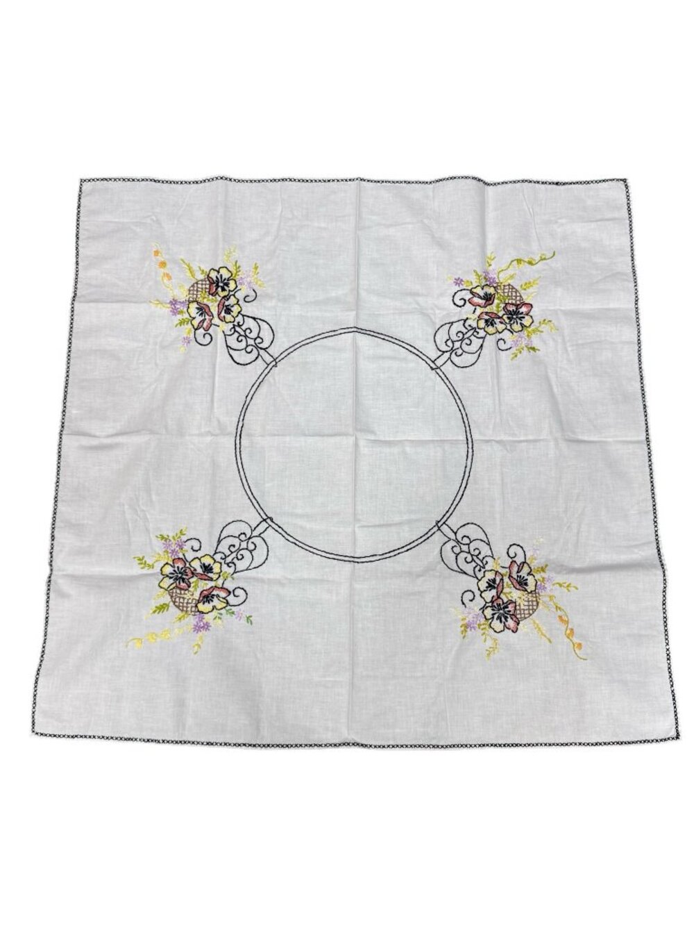 Vintage Bridge Table Basket Pansies White Embroidered Tablecloth Floral 34"